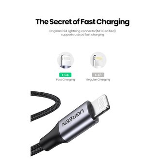  Кабель UGREEN US304 60761 USB-C to Lightning M/M Cable Aluminum Shell Braided 2m Black 