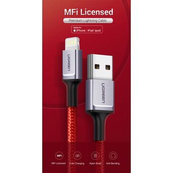  Кабель UGREEN US293 80635 USB-A to Lightning Cable Aluminum case + Nylon braided 1m Red 