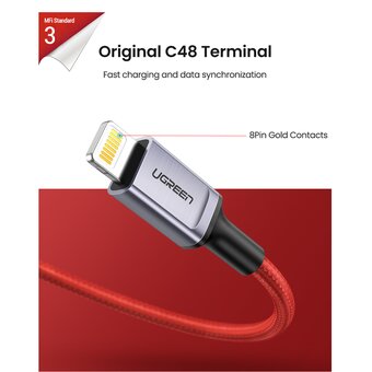  Кабель UGREEN US293 80635 USB-A to Lightning Cable Aluminum case + Nylon braided 1m Red 