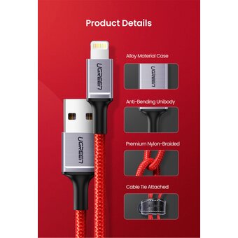  Кабель UGREEN US293 80635 USB-A to Lightning Cable Aluminum case + Nylon braided 1m Red 