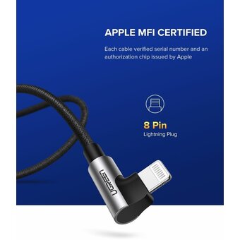  Кабель UGREEN US299 60521 USB-A to Angled Lightning M/M Cable With Braided 1m Black 