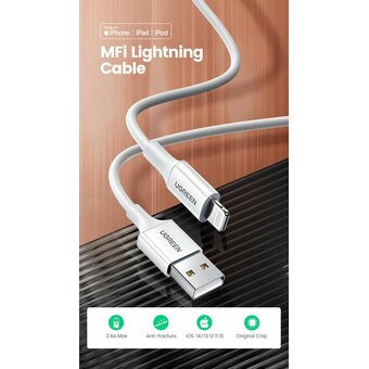  Кабель UGREEN US155 80315 USB-A Male to Lightning Male Cable Nickel Plating ABS Shell 1.5m White 