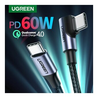  Кабель UGREEN US255 80714 USB-C 2.0 Male to Angled 90° USB-C 2.0 Male 3A Data Cable 3m Gray/Black 