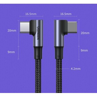  Кабель UGREEN US335 70696 Angled USB-C M/M Cable Aluminium Shell with Braided 1m Black 