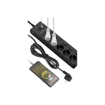  Сетевой фильтр Qumo PB-PRO-6SP4UP-0006 Power Bar Pro 6SP4U (P-0006), 5 розеток, 3xUSB, 2м, черный 