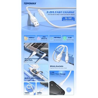  Дата-кабель TOPOMAX TC-19T PVC Type-C cable 3A Fast Charge белый 