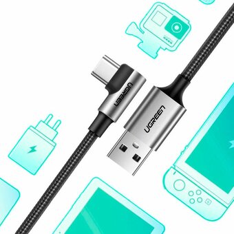  Кабель UGREEN US284 50942 Angled USB-C Male To USB2.0 A Male 3A Data Cable 90°Angle 2m Space Gray 