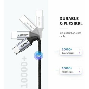  Кабель UGREEN US261 50152 USB 2.0 C M/M Round Cable Nickel Plating Aluminum Shell 2m Gray/Black 