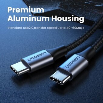  Кабель UGREEN US261 50152 USB 2.0 C M/M Round Cable Nickel Plating Aluminum Shell 2m Gray/Black 