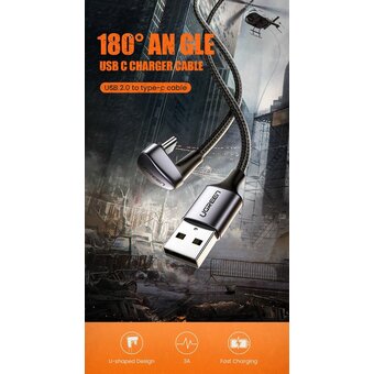  Кабель UGREEN US311 70313 USB 2.0-A to Angled USB-C Cable Aluminum Case with Braided 1m Black 