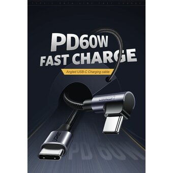  Кабель UGREEN US255 50122 USB-C 2.0 Male to Angled 90° USB-C 2.0 Male 3A Data Cablel 0.5m Gray Black 