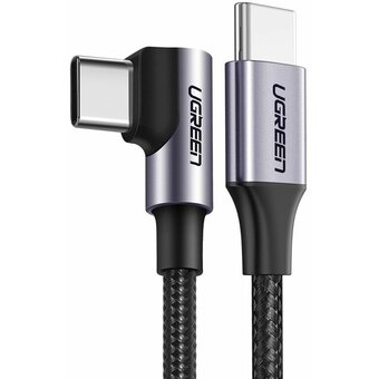 Кабель UGREEN US255 50122 USB-C 2.0 Male to Angled 90° USB-C 2.0 Male 3A Data Cablel 0.5m Gray Black 