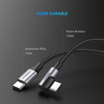  Кабель UGREEN US255 50122 USB-C 2.0 Male to Angled 90° USB-C 2.0 Male 3A Data Cablel 0.5m Gray Black 