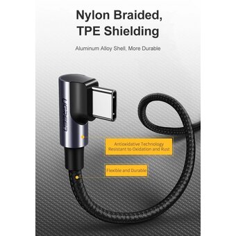  Кабель UGREEN US255 50122 USB-C 2.0 Male to Angled 90° USB-C 2.0 Male 3A Data Cablel 0.5m Gray Black 