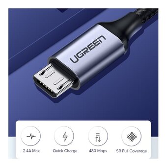  Кабель UGREEN US290 60147 USB 2.0 A to Micro USB Cable Nickel Plating Alu Braid 1,5m Grey/Black 