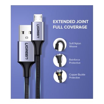  Кабель UGREEN US290 60147 USB 2.0 A to Micro USB Cable Nickel Plating Alu Braid 1,5m Grey/Black 