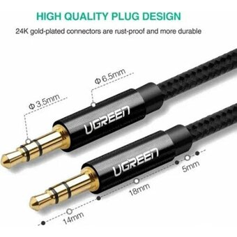  Кабель UGREEN AV112 50361 3.5mm Male to 3.5mm Male Cable Gold Plated Metal Case with Braid 1m Black 