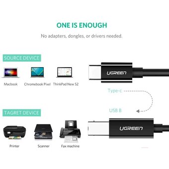  Кабель UGREEN US241 50446 USB-C 2.0 To USB-B 2.0 Print Cable 2m Black 