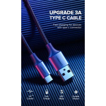  Кабель UGREEN US288 60126 USB-A 2.0 to USB-C Cable Nickel Plating Aluminum Braid 1m Black 