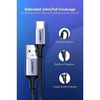  Кабель UGREEN US288 60126 USB-A 2.0 to USB-C Cable Nickel Plating Aluminum Braid 1m Black 