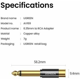  Адаптер UGREEN AV169 80731 6.35mm Male to RCA Female Adapter 