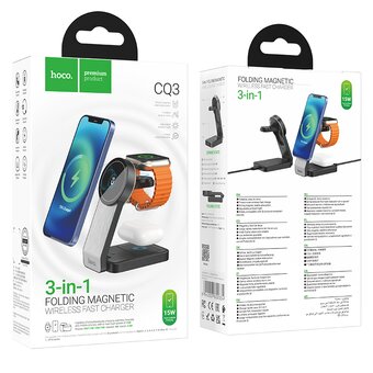  Беспроводное ЗУ HOCO CQ3 Motorcycle folding 3-in-1 magnetic wireless fast charger (черный) 
