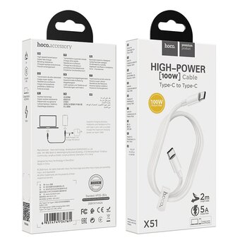  Дата-кабель HOCO High-power 100W charging Type-C to Type-C 2м (белый) 