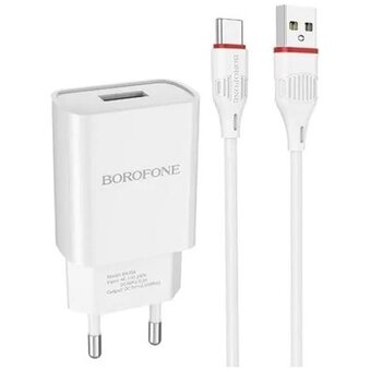  СЗУ Borofone BA20A 5V/2,1A 1USB Sharp single port + Type-C cable, white 