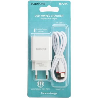  СЗУ Borofone BA20A 5V/2,1A 1USB Sharp single port + Type-C cable, white 