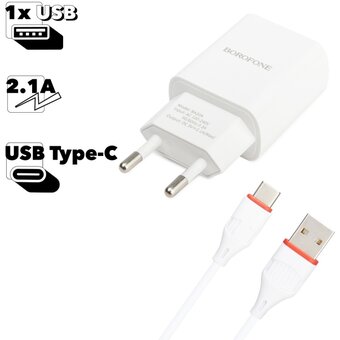  СЗУ Borofone BA20A 5V/2,1A 1USB Sharp single port + Type-C cable, white 