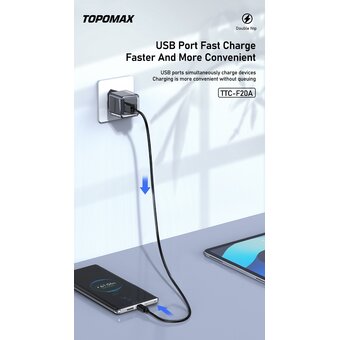  СЗУ TOPOMAX TTC-F20A Type-C QC 3.0, Fast Charger, USB-A, 18W + cabel Type-C green 