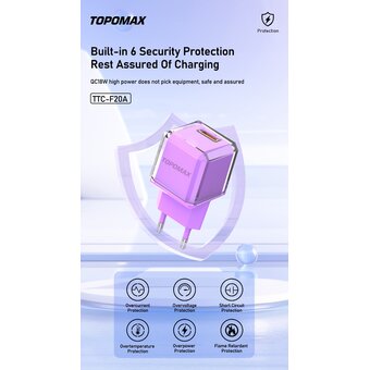  СЗУ TOPOMAX TTC-F20A micro QC 3.0, Fast Charger, USB-A, 18W + cabel micro purple 