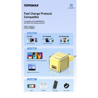 СЗУ TOPOMAX TTC-F20A Type-C QC 3.0, Fast Charger, USB-A, 18W + cabel Type-C yellow 