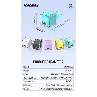  СЗУ TOPOMAX TTC-F20A micro QC 3.0, Fast Charger, USB-A, 18W + cabel micro purple 