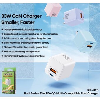  СЗУ REMAX RP-U26 Batt Series 33W PD+QC Multi-Compatible Fast Charger GaN White 