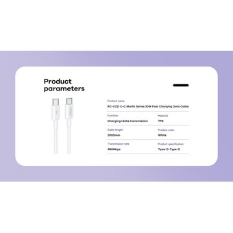  Дата-кабель REMAX RC-C021 Marlik 30W PD Fast Charging Data Cable C-C 1M Тype-C to Type-C белый 