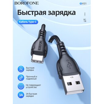 Дата-кабель BOROFONE BX51 Triumph Type-C 1м (чёрный) 