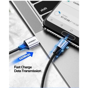  Кабель UGREEN US288 60124 USB-A 2.0 to USB-C Cable Nickel Plating Aluminum Braid 0.25m Black 