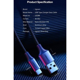  Кабель UGREEN US288 60129 USB-A 2.0 to USB-C Cable Nickel Plating Aluminum Braid 0.25m White 