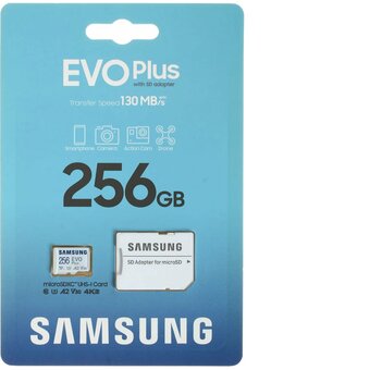  Карта памяти Samsung Evo Plus Class 10 (MB-ME256KA/AM), microSDXC 256GB A2, V30, UHS-I (U3), W 90 МБ/с, R 130 МБ/с, адаптер на SD 