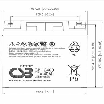  АКБ для ИБП 12В 40Ач CSB GP12400, 160W/cell, 480 Whr, 12.65 кг, (ШхГхВ) 197х165х170,4 мм (170,4 с клеммами) 