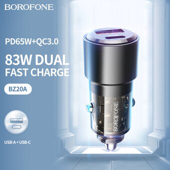  АЗУ BOROFONE BZ20A Smart 83W dual port PD65W+QC3.0 car charger черный 