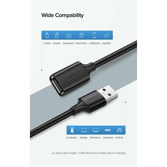  Кабель UGREEN US103 10316 USB 2.0 A Male to A Female Cable 2m Black 