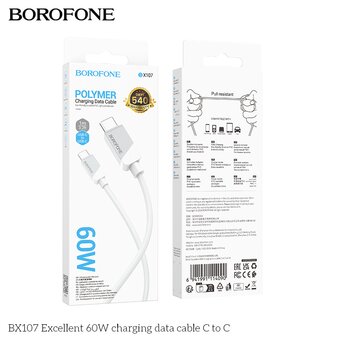  Дата-кабель BOROFONE BX107 Excellent 60W charging Type-C to Type-C белый 