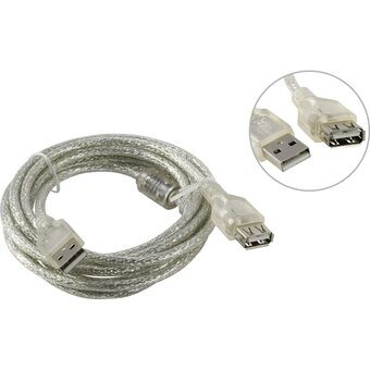  Кабель удлинитель Cablexpert CCF-USB2-AMAF-TR-2M USB2.0 Pro, AM/AF, 2м, экран, 2 феррит.кольца, прозрачный 