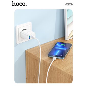  СЗУ Hoco C105A Stage dual port PD20W+QC3.0 charger+Type-C to Type-C, white 
