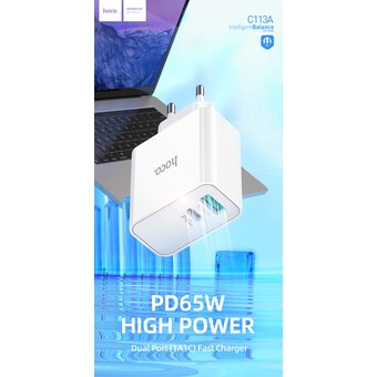  СЗУ HOCO C113A, Аwesome PD65W, 2USB, 1A1C, (EU) (белый) 