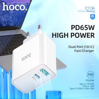 СЗУ HOCO C113A, Аwesome PD65W, 2USB, 1A1C, (EU) (белый) 