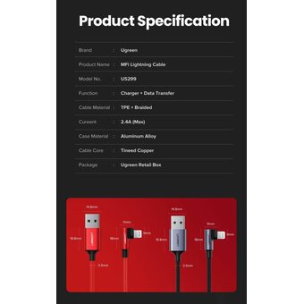  Кабель UGREEN US299 60555 USB-A to Angled Lightning M/M Cable With Braided 1m Red 