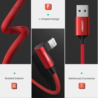  Кабель UGREEN US299 60555 USB-A to Angled Lightning M/M Cable With Braided 1m Red 